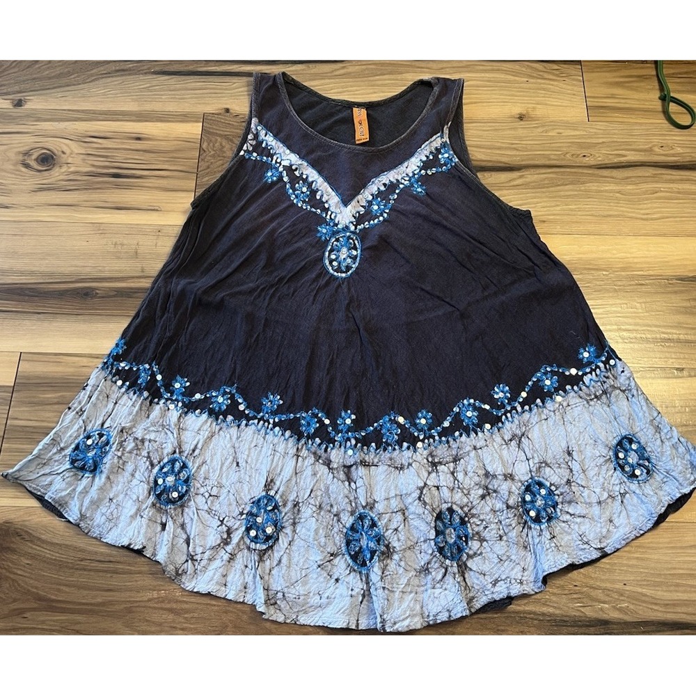 Miss Love Boho Crinkle Rayon Tunic Tank Blue Embroidered Beaded Free Size